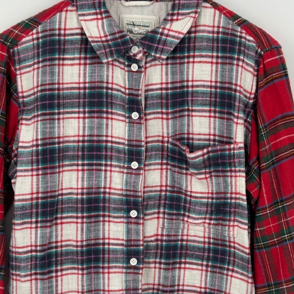 American Eagle Flannel Shirt Womens Small Red White Mixed Plaid Relaxed Grunge - Picture 5 of 10